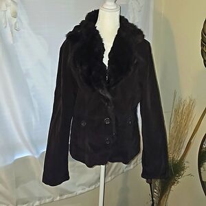 Jennyfer J. Jacket brown corduroy rabbit fur collar trim B24